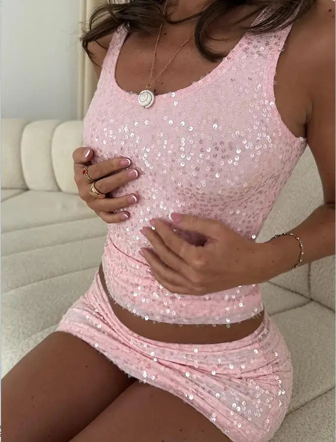 Women’s Two Piece Summer Outfits Glitter Sequin Sleeveless Tank Tops and Mini Skirt Set Clubwear