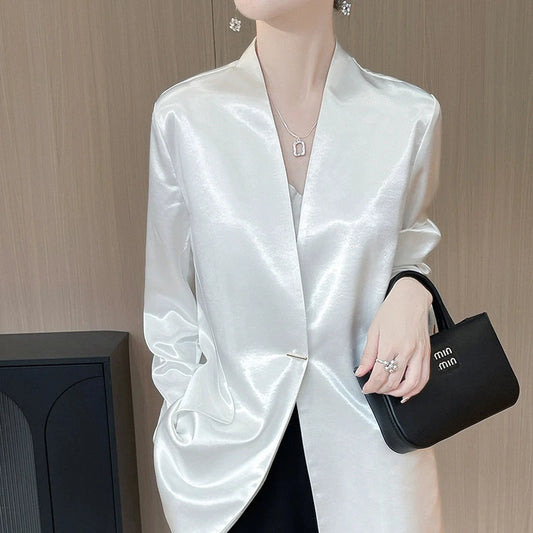 Luxury Women's 2025 Spring One-Button Satin Blazer White Office Tailored Shoulder Slim Suit Jacket Silky Smooth Formal Workwear