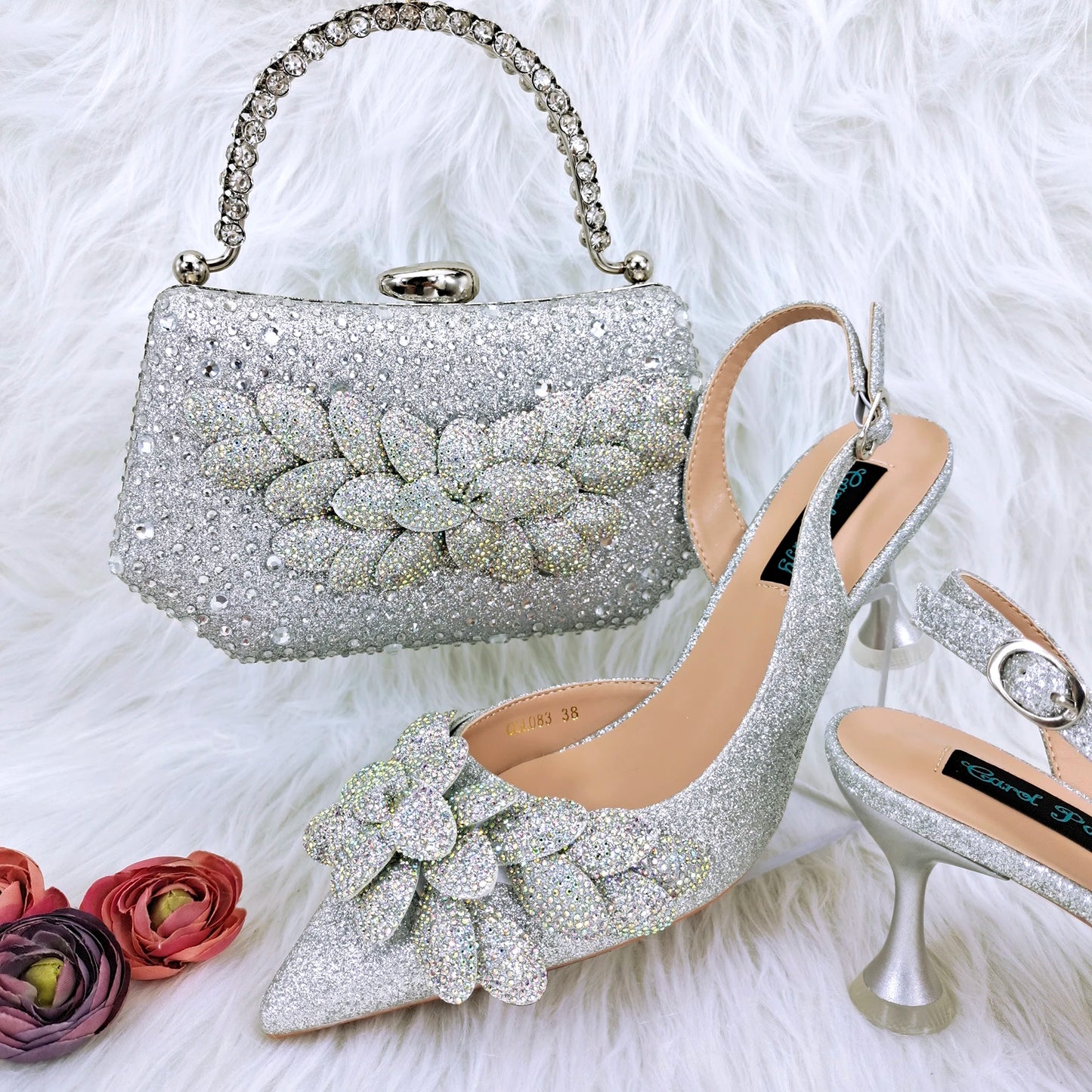 Italian Design Silver Glitter Fabric Fashionable And Exquisite Shoes And Bag Comfortable To Wear Shallow Pointy Toe Stiletto