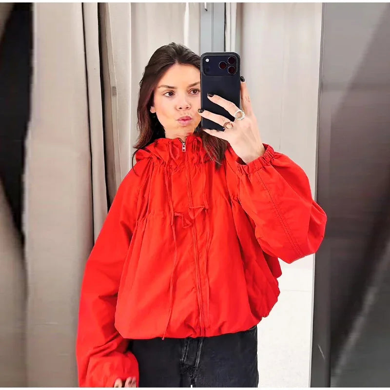 Hooded Zippered Stand Collar Lace-Up Jacket for Women