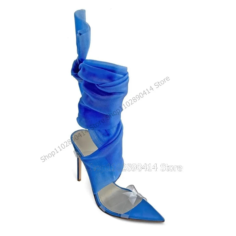 Blue Mesh PVC Hollow Cut Heel Open Toe Back Strap Sandals for Women