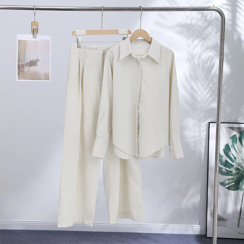 Lace Up Back Lapel Shirt and Loose Pants Set for Women