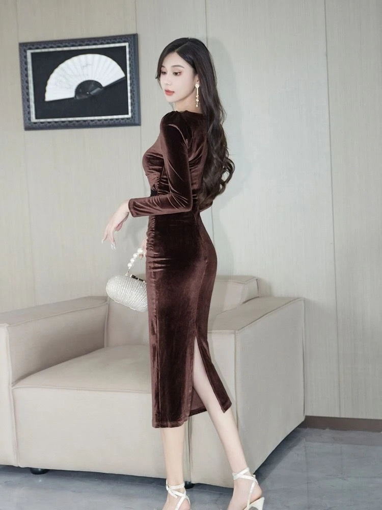 Elegant Women Velvet Dress High Waist Slimming Square Neck Long Sleeve Bodycon Wrap Hip Party Evening Gown