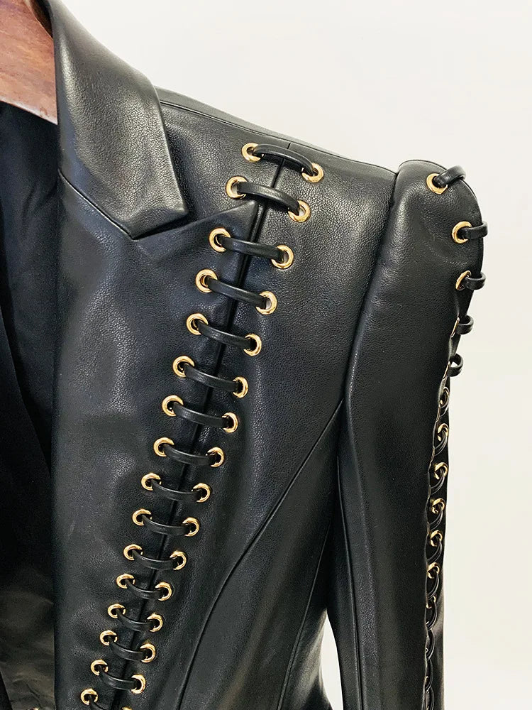 Mandarin Collar Lace-Up Faux Leather Jacket for Women