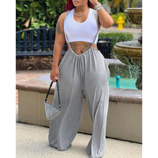 2025 Fashion Women Plain Wide Leg Suspender Jumpsuit Femme Fold Tied Detail Casual Overalls Summer Solid Sporty Pants Clothes