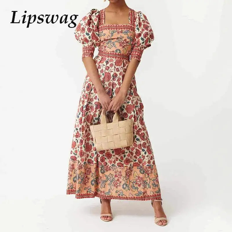 Elegant Square Neck Bubble Sleeve Top & Long Skirt Sets Women Fashion Floral Print Bohemian Outfits Summer Caual Party 2pc Suit