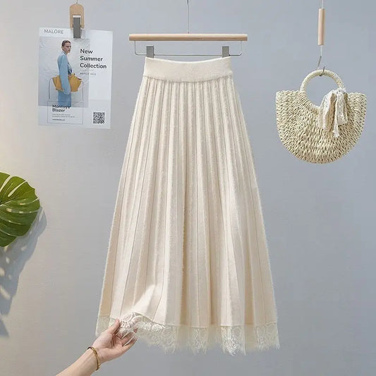 High Waist Knitted Pleated Midi Skirt With Lace Details for Women
