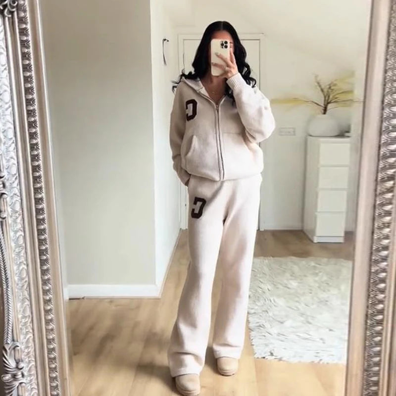 Letter Print Hooded Two Piece Set With Wide Leg Pants for Women