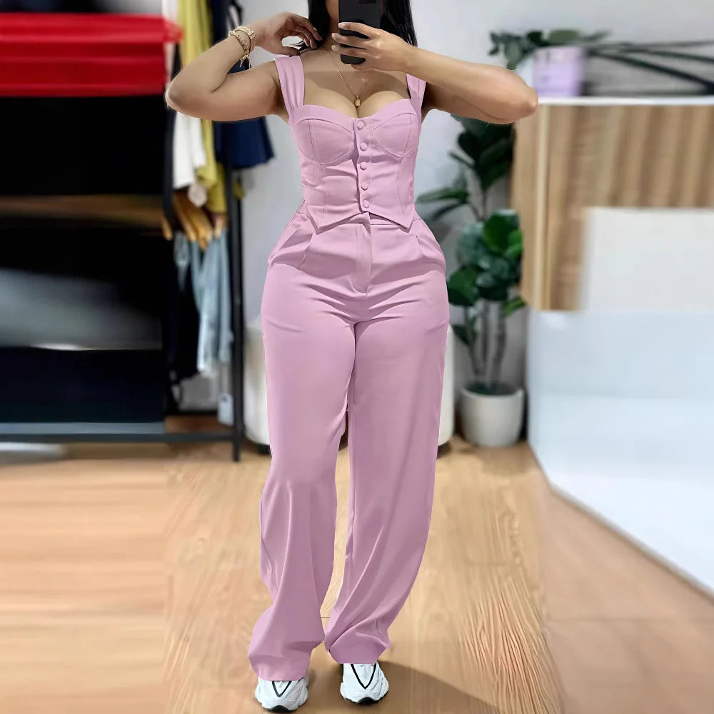 Elegant Solid Color Strapless Suspender Vest Trousers Two-Piece Set for Women