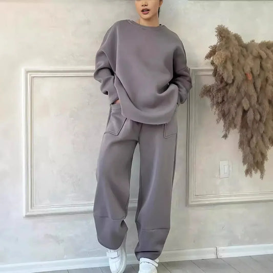 Round Neck Sweatshirt Two Piece Pant Set