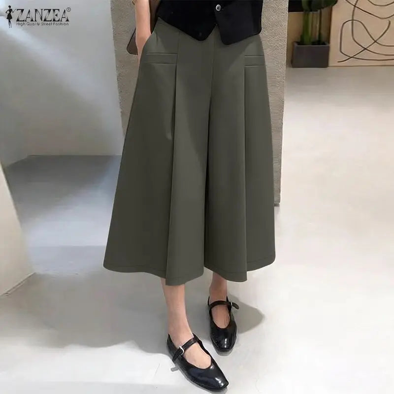 Casual Wide Leg Cropped Trousers With Elastic Waist for Women