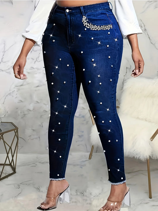 Mid-waist fashionable sequin and diamond embroidered with deep blue denim pencil pants, ladies' skinny jeans, suitable for all s