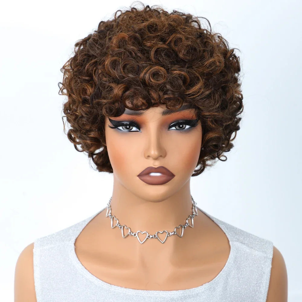 Short Kinky Curly Pixie Bob Human Hair Wig for Women