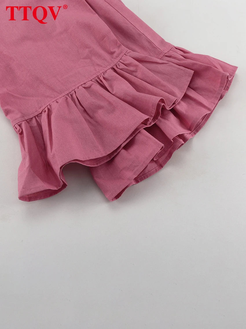 Loose Pink Cotton Shirt and Wide Leg Pants Set for Women