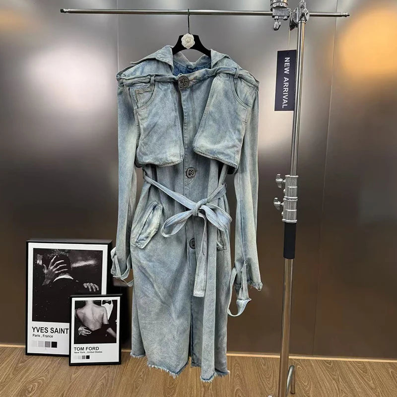 KUCLUT 2025 Autumn Fashion Elegant Turn-Down Collar Washed Denim Trench For Women With Belt Loose Street Style Coat 1A66505