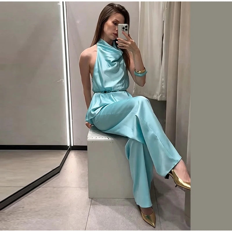Turquoise Satin Cowl Neck Halter Top And Wide Leg Pants 2 Piece Set For Women