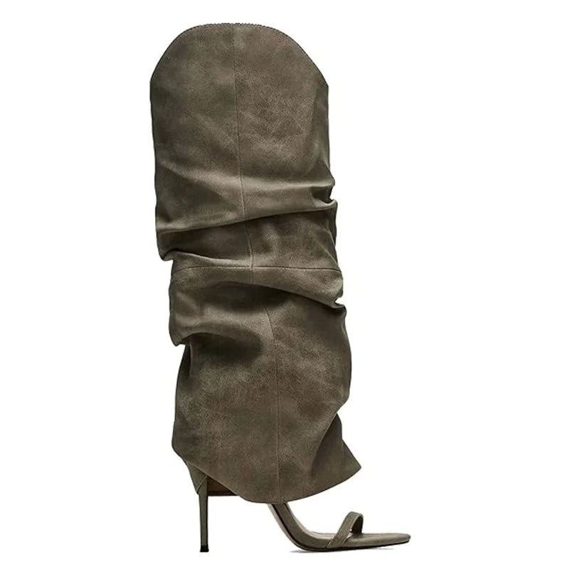 Pointed Toe Knee High Thin Heel Leather Boots for Women
