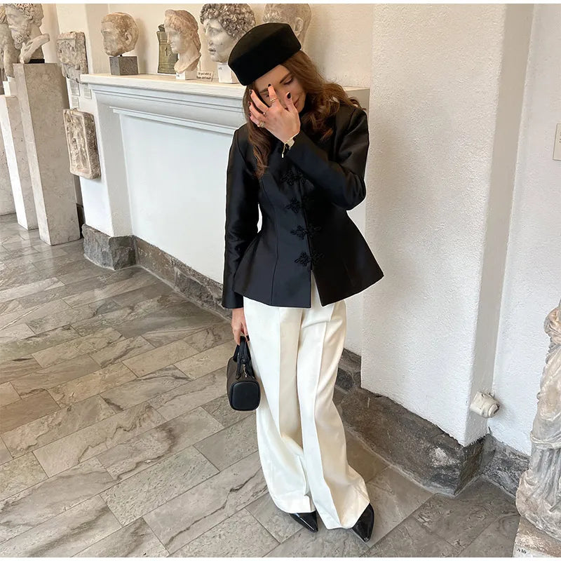 Elegant Satin Frog Button Standup Collar Jacket for Women