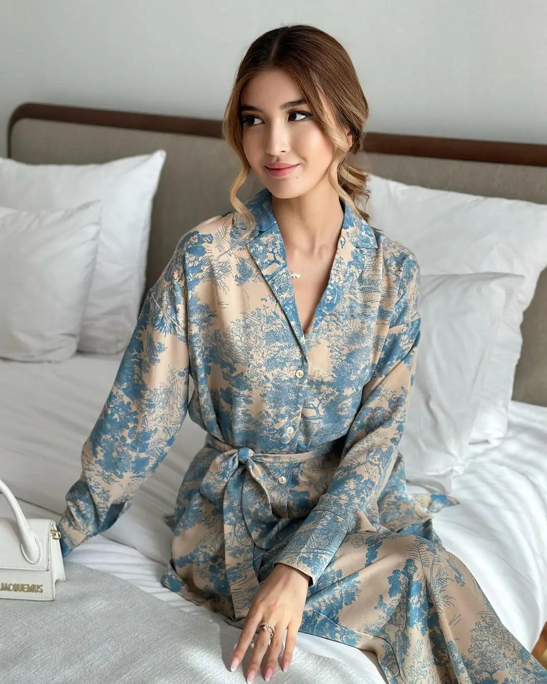 Elegant Print Two Piece Set With Long Sleeve Shirt And Wide Leg Pants for Women