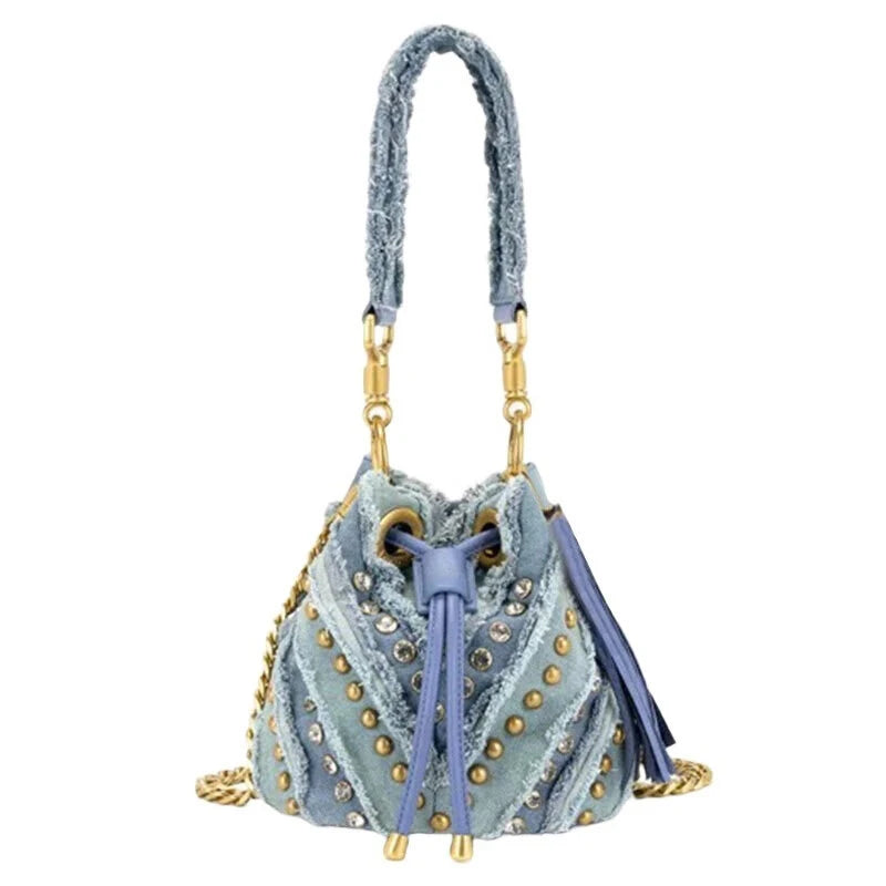 New Brand Fashion Handbag Retro Rivet Design Bucket Bag Versatile Commute Diamond Drawstring Lady Chain Shoulder Underarm Bag