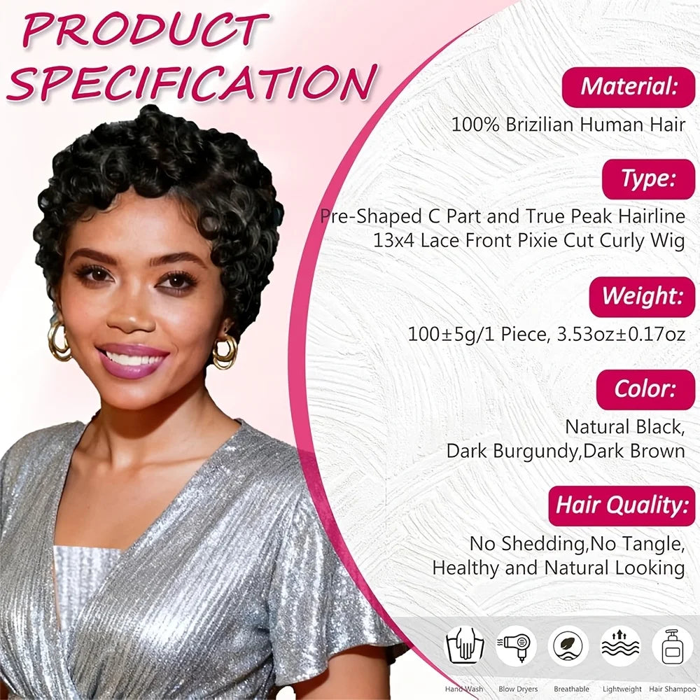 Short Curly Pixie Lace Front Human Hair Wig for Women