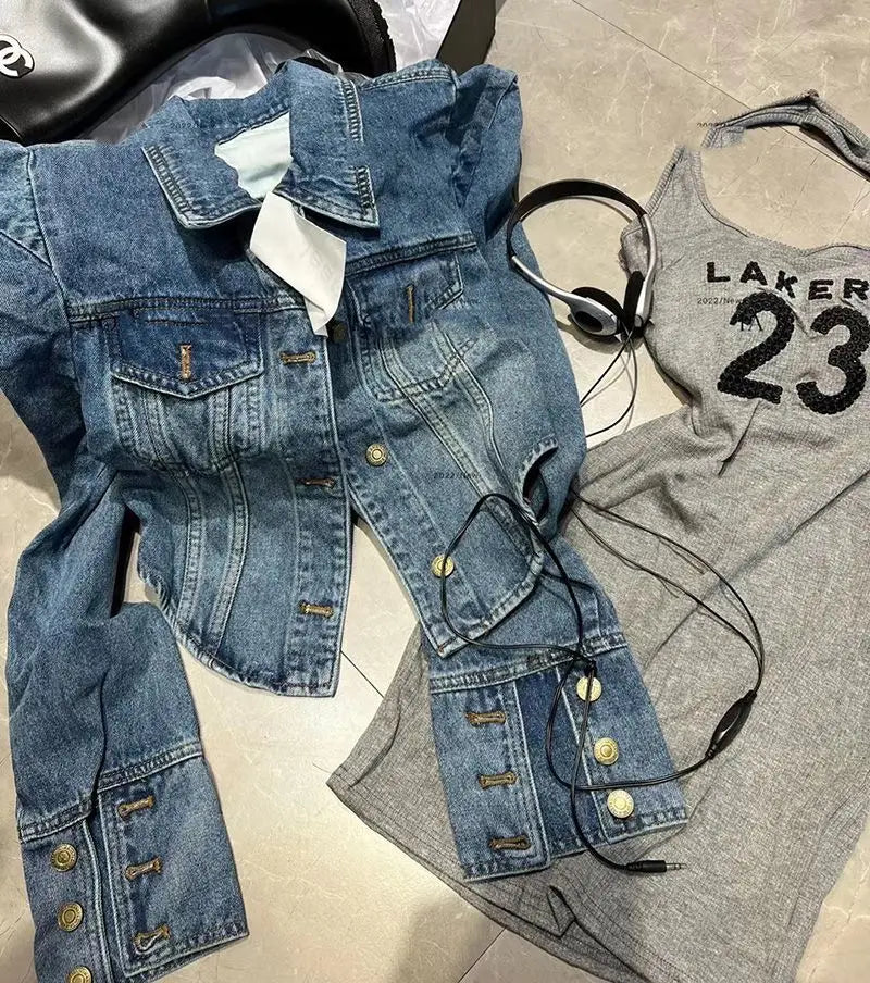 Front Zipper Vintage Denim Cropped Jacket For Women