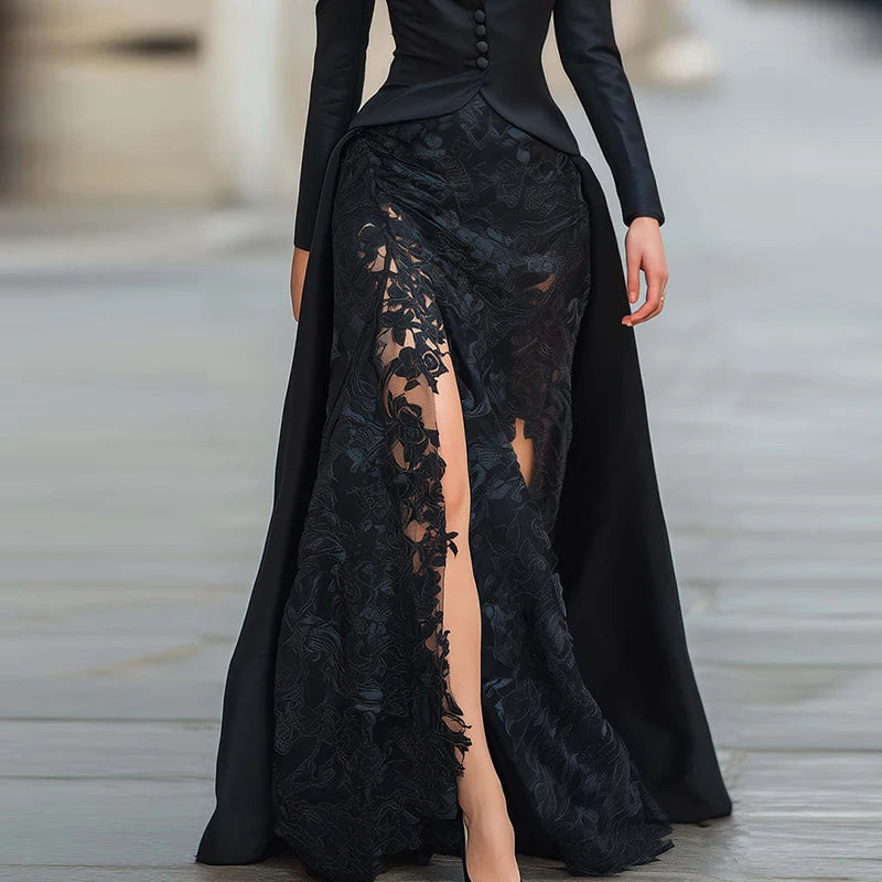 Winter Elegant Lace Patchwork Occasion Set Sexy V-neck Button Top & Long Skirt Suit Casual Long Sleeve Solid Slim Party Outfits