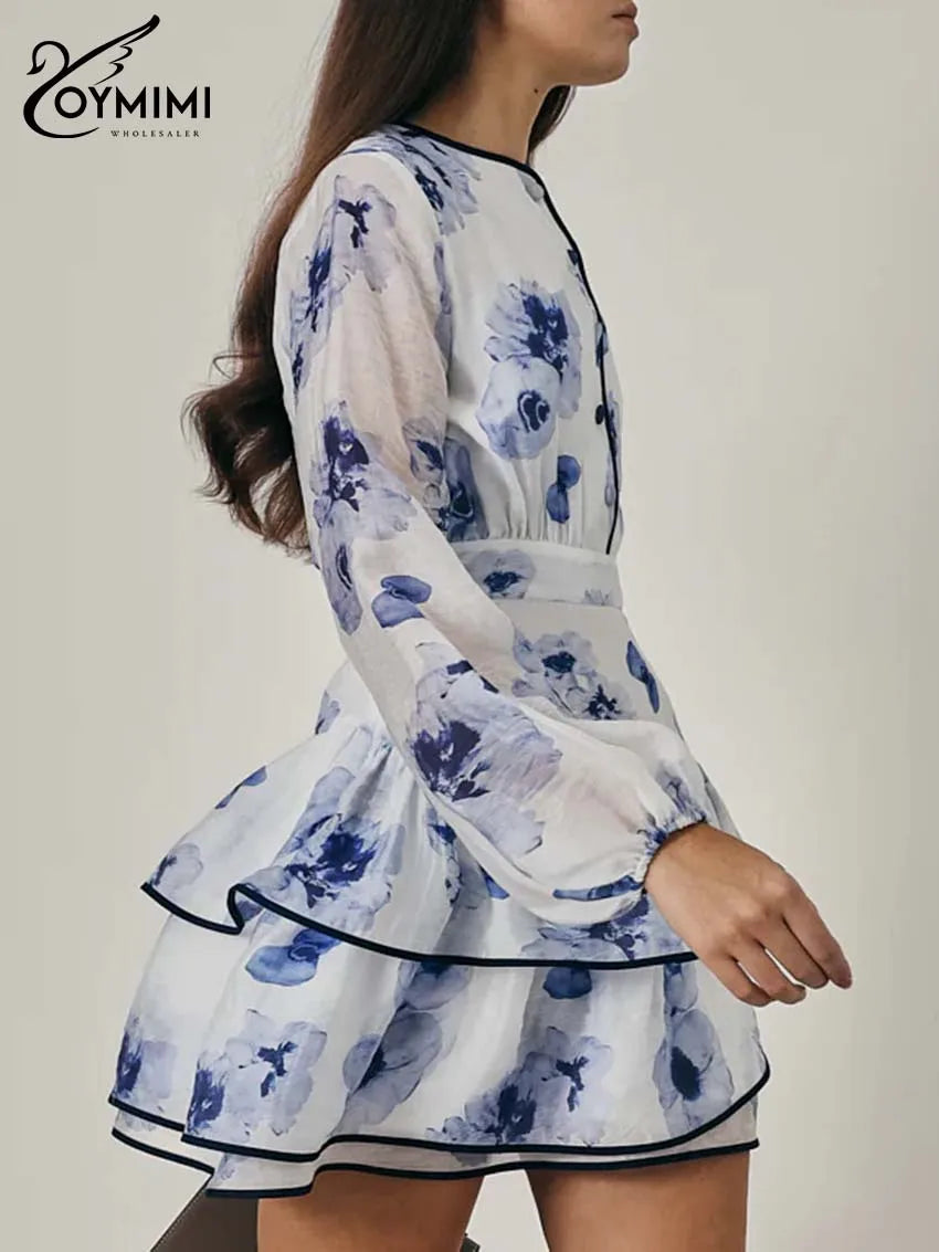 Oymimi Elegant Blue Print Women's Dress Fashion O-Neck Long Sleeve Patchwork Button Dresses Casual High Waist Ruffled Skirts Set