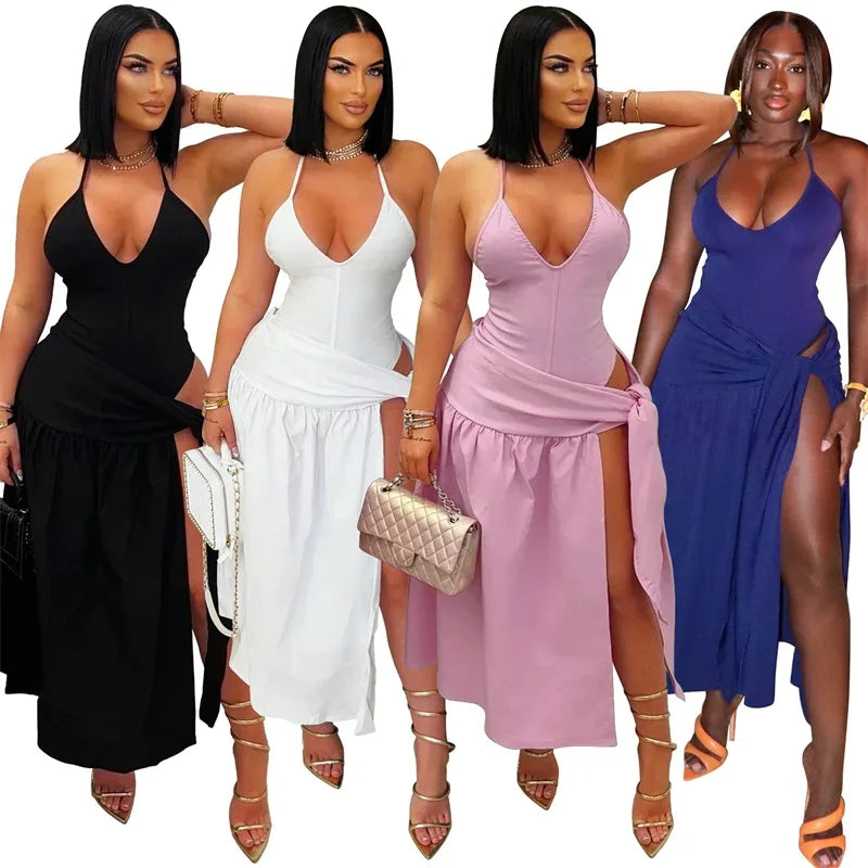 Halter Backless Bodysuit Top and Lace-Up Skirt Two-Piece Set for Women