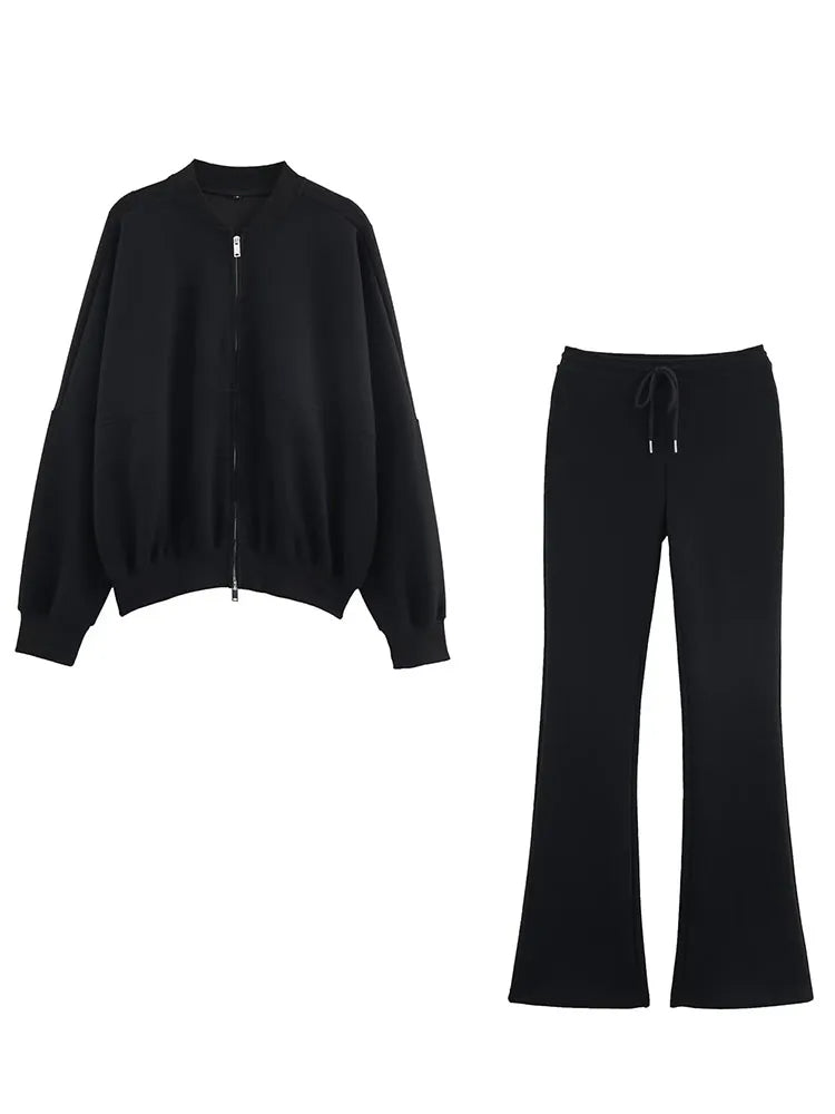 Solid Color Pilot Jacket and Lace-Up Flared Pants Two-Piece Set for Women