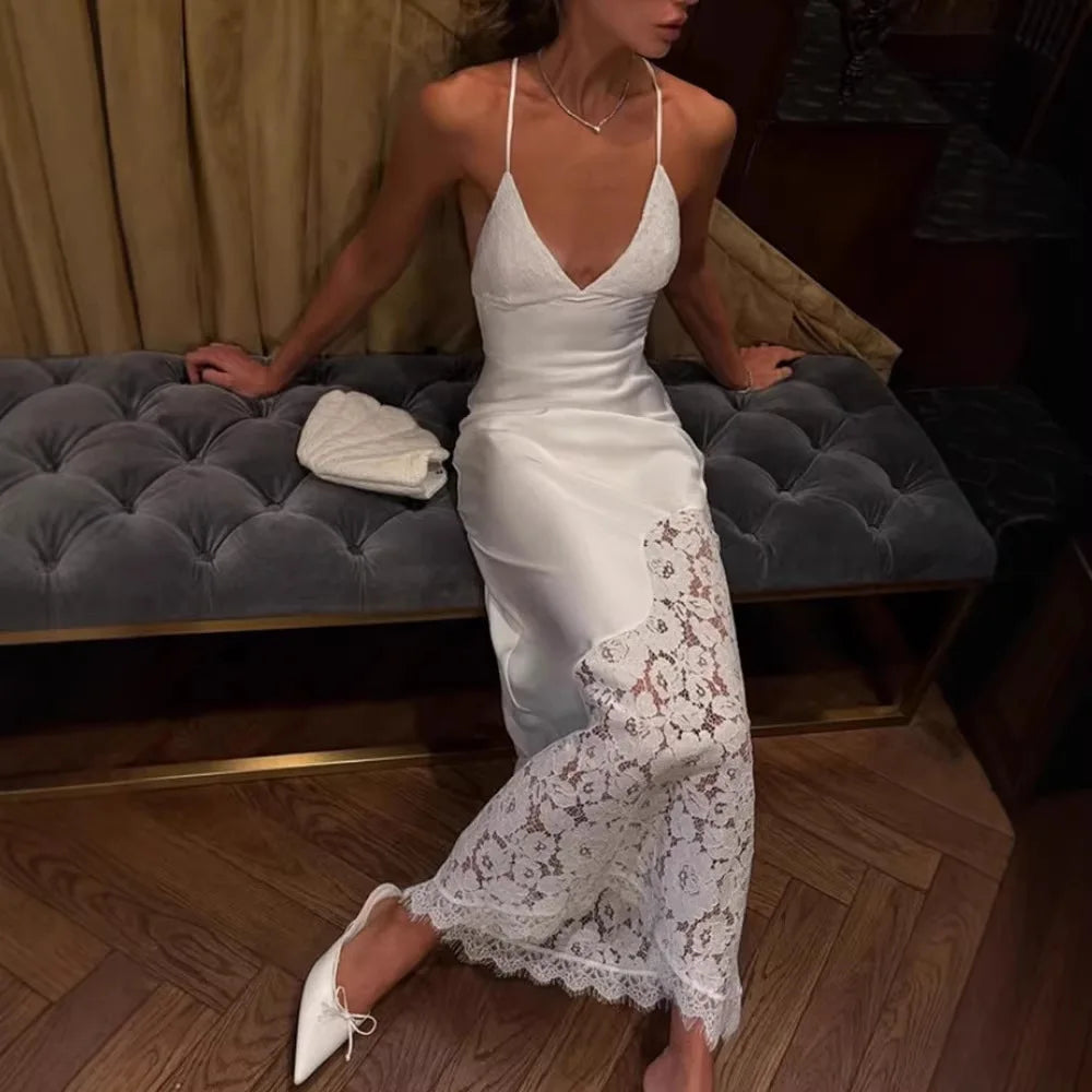 Elegant Lace Up Backless Maxi Evening Dress for Women