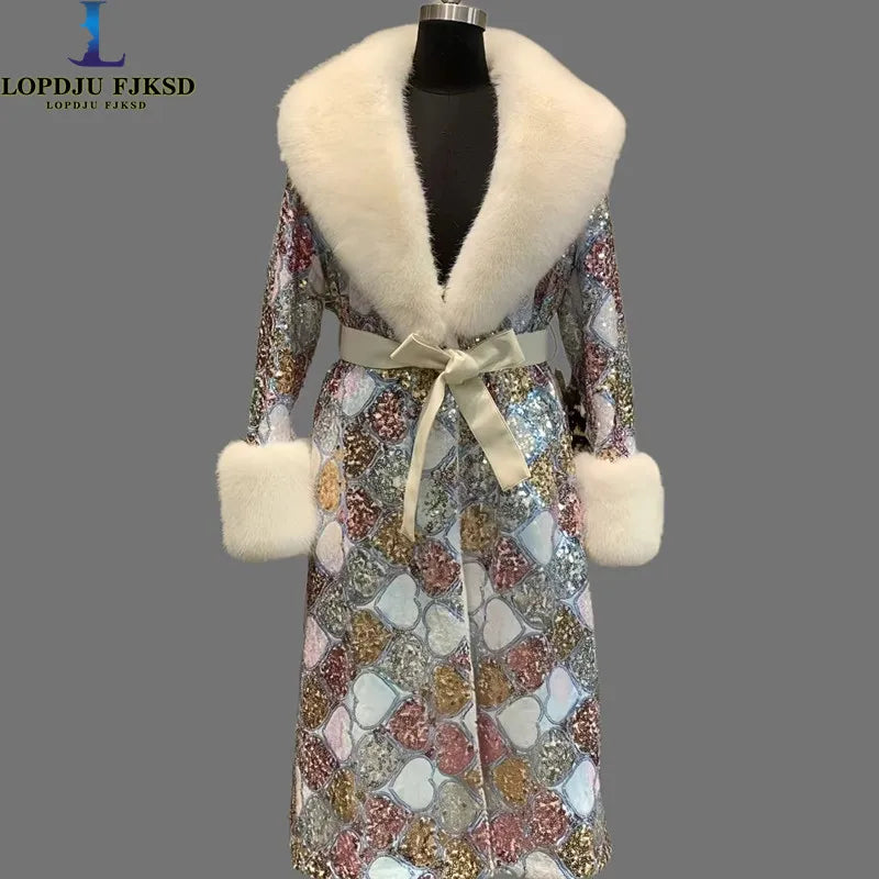 Faux Fur Coat for Women,Adjustable Waist Long Jacket,V-Neck Outwear,Sequins,Spliced,Luxury,Autumn and Winter