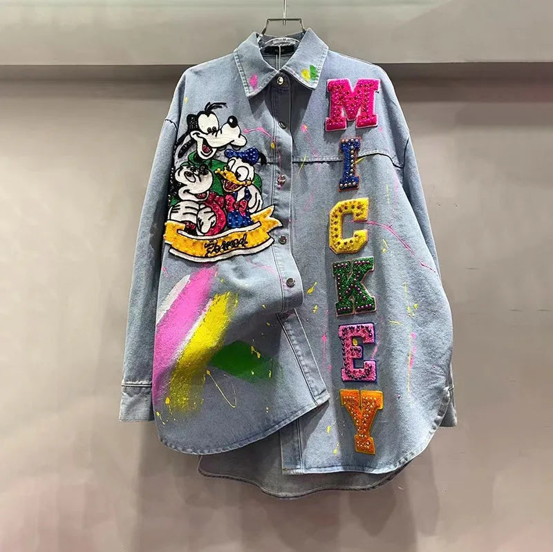 Cartoon Embroidered Shirt Women's Medium And Long Loose Versatile Denim Jacket 2025 Autumn New Fashion Single-breasted Outerwear