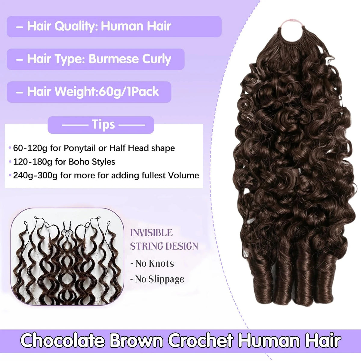 Burmese Curly Human Hair Crochet Braids With Boho Style for Women