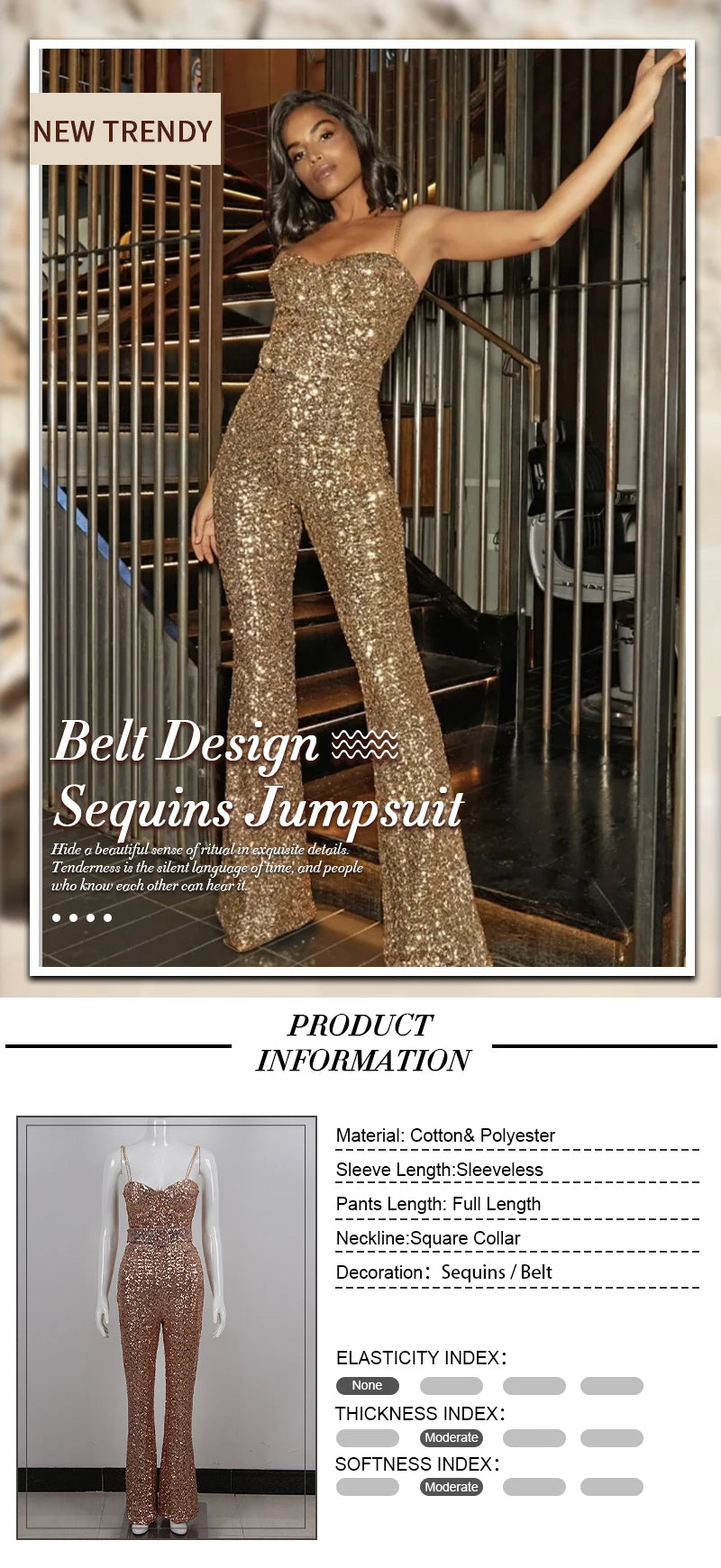 Gold Sequin Design Sleeveless Jumpsuit With Belt for Women