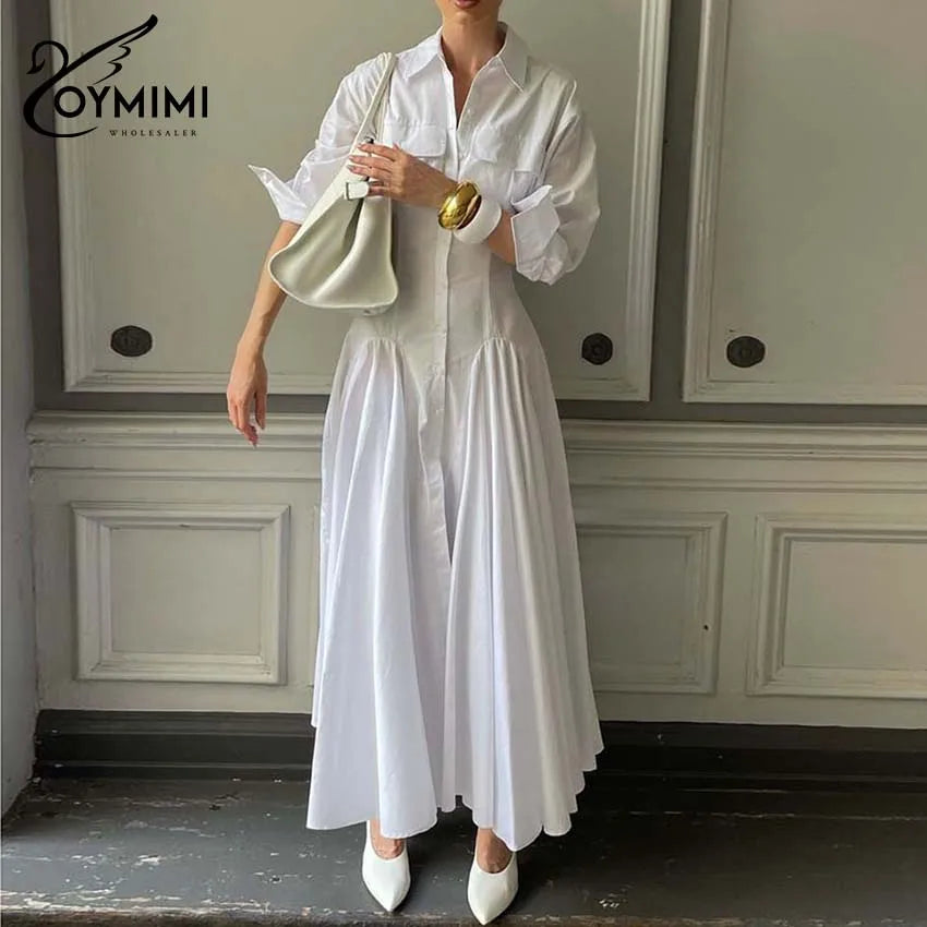 Oymimi Elegant White Lapel Women's Dress Fashion Three Quarter Sleeve Pockets Dresses Casual Button Pleated Ankle-Length Dresses