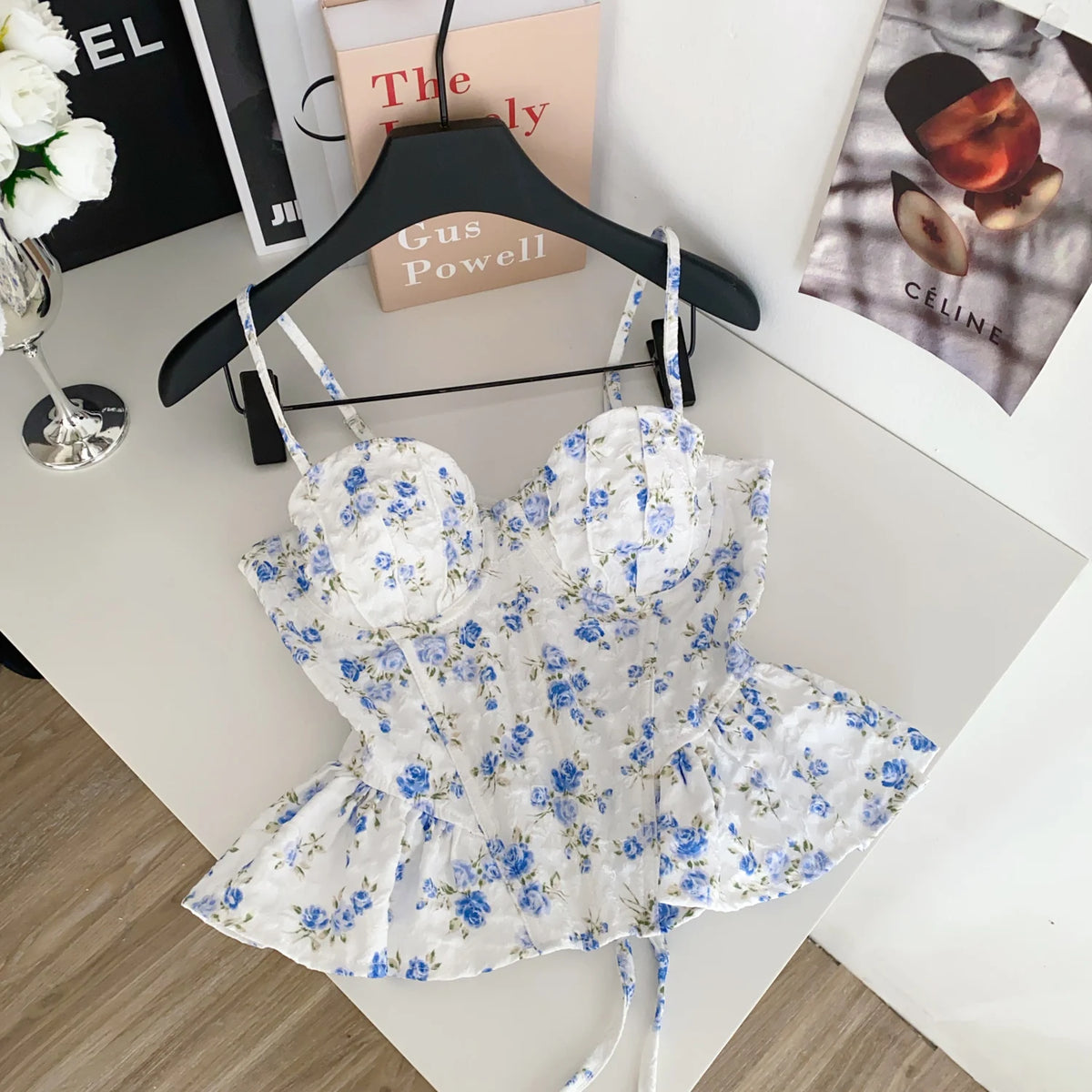 French Corset Print Ruffle Strap Tank Top for Women