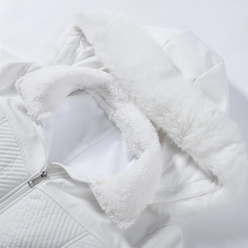 Warm Fur Trim Hooded Winter Ski Suit with Belt for Women