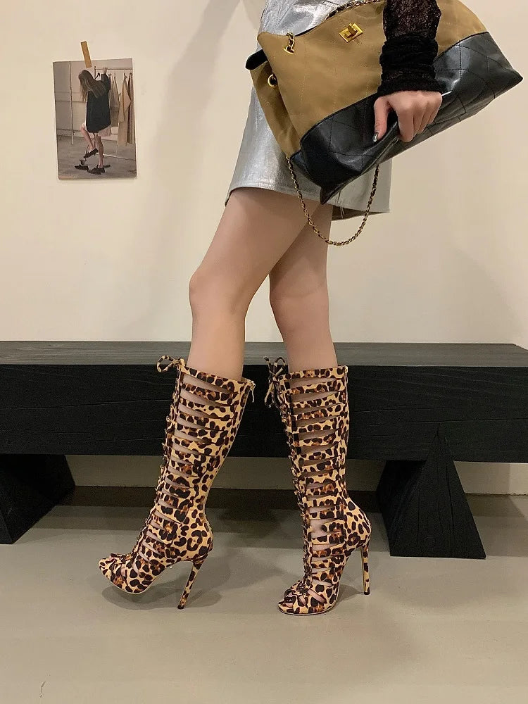 Leopard Print Hollow Out Peep Toe Knee High Boots for Women