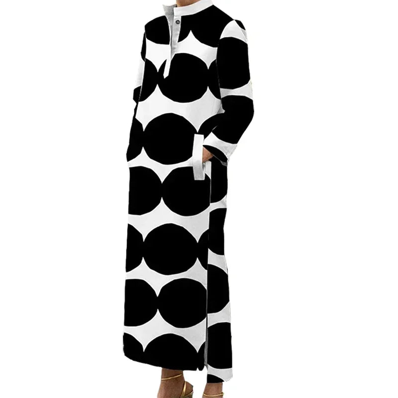 UOOZEE Women Polka-Dot Split-side Stand Collar H-line Shirts Dress 2024 New Autumn Long Sleeves Elegant Evening Maxi Dresses