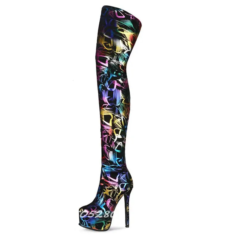 Colorful Graffiti Print Thigh High Platform Boots for Women