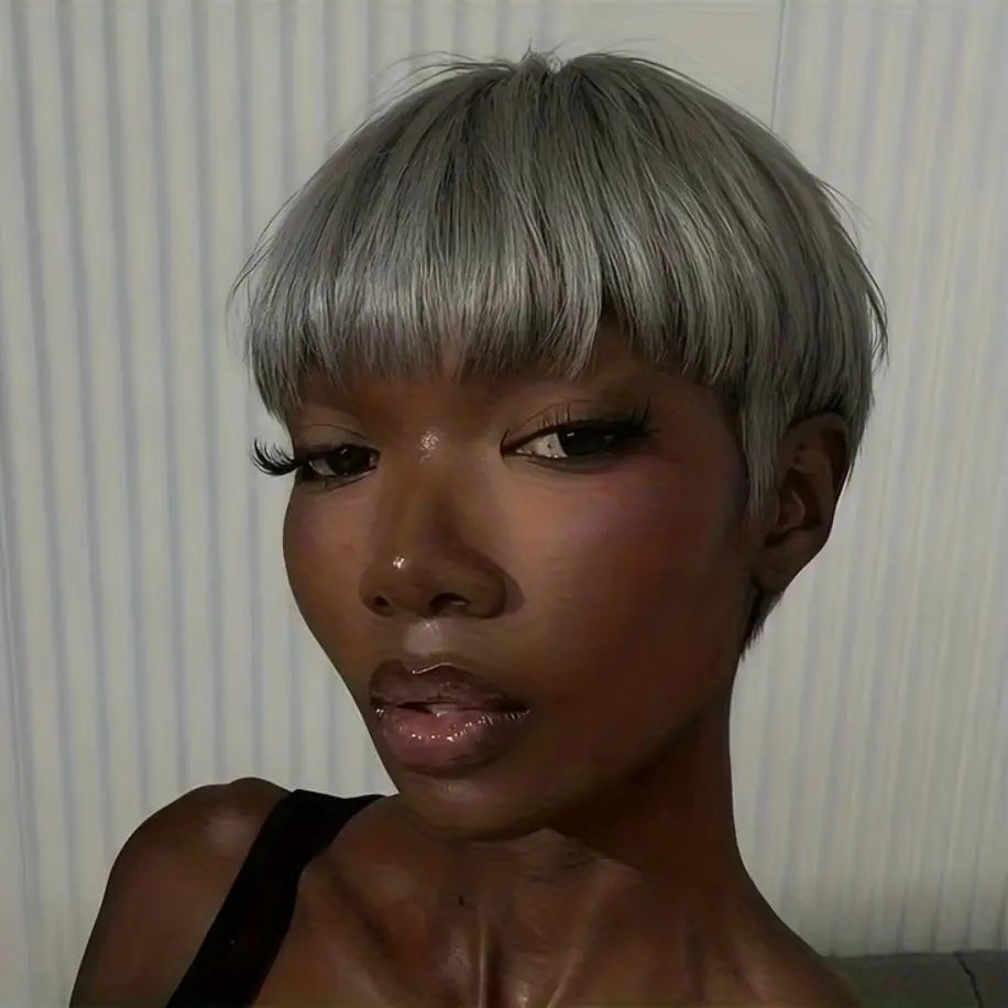 Short Straight Gray Human Hair Wig With Natural Look for Women