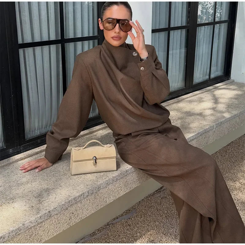 Solid Draped Funnel Neck Long Sleeve Wide Leg Two Piece Set For Women