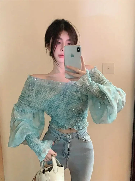 French Shoulder Chiffon Shirt for Women's Summer Design, Niche Shirt, Slim Fit Pleated Short Sleeved Top