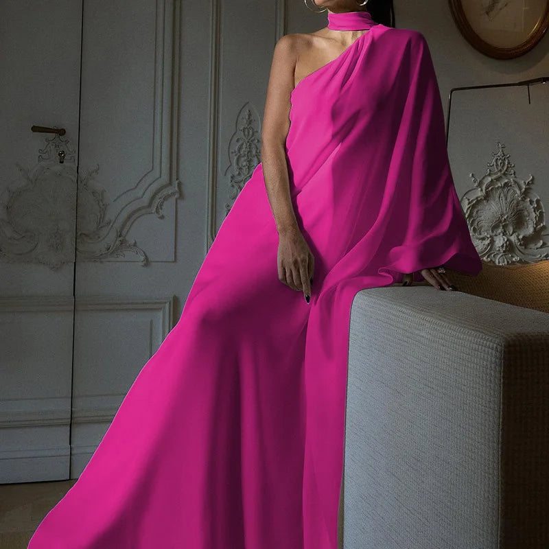 Elegant Halter One-Shoulder Loose Party Dress Lady Solid Color  Temperament Banquet Maxi Dress 2023 Casual Women Fashion Vestido