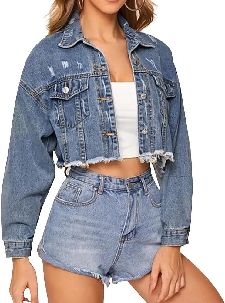Vintage Distressed Denim Jacket With Turn Down Collar for Women