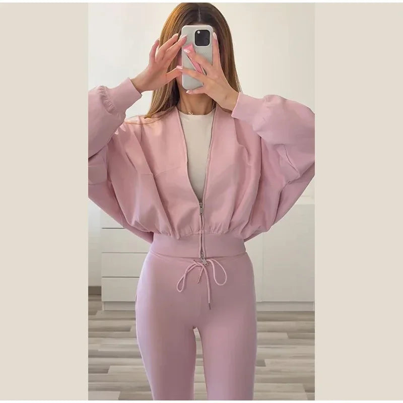 Solid Zip Front Coat and Trousers Two Piece Set for Women Autumn