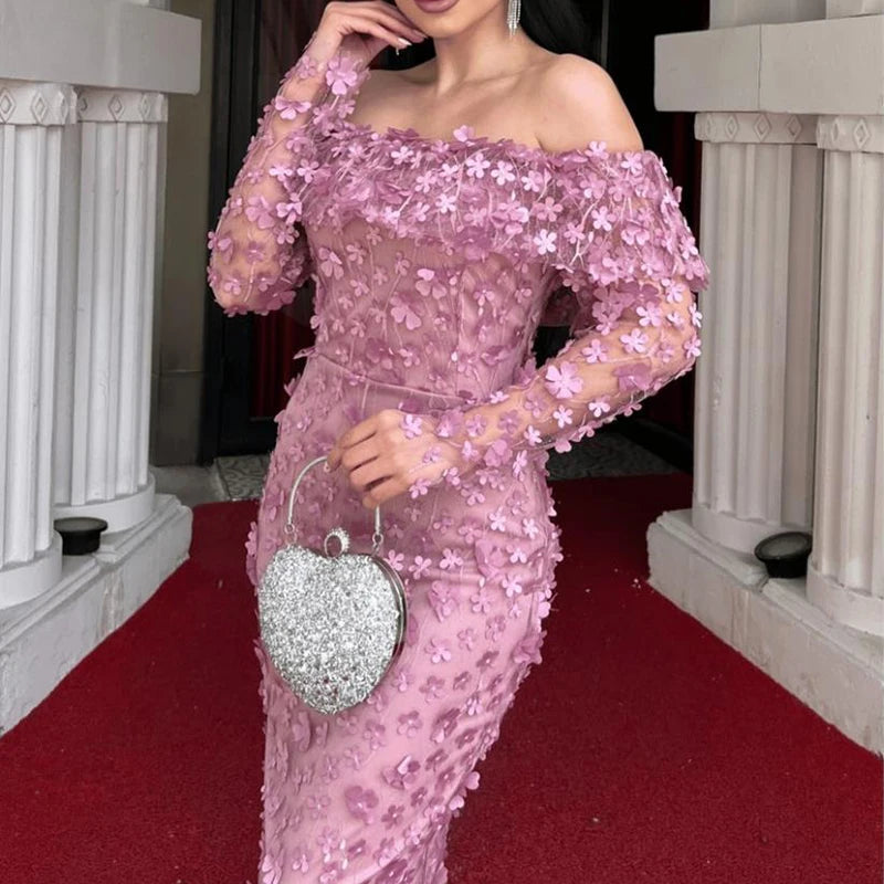 Floral Mesh Off Shoulder Slim Fit Party Long Dress for Women