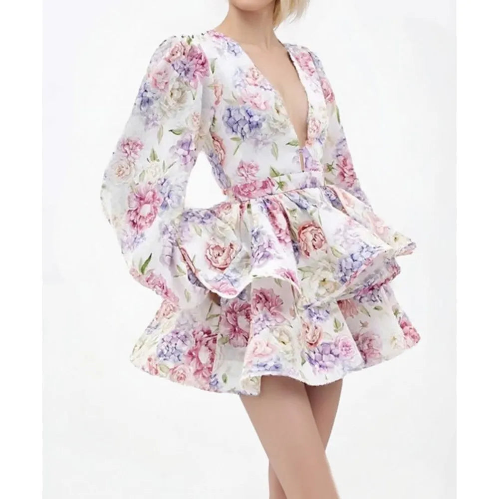 Elegant Deep V Neck Bubble Long Sleeve Patchwork Printed Mini Dress for Women
