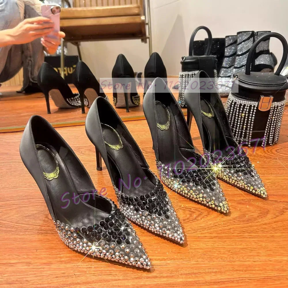 Gradient Rhinestone Luxury Pointed Toe Pumps Women Summer Stiletto High Heels Sexy Shoes Ladies Elegant Silver Sloe Party Pumps